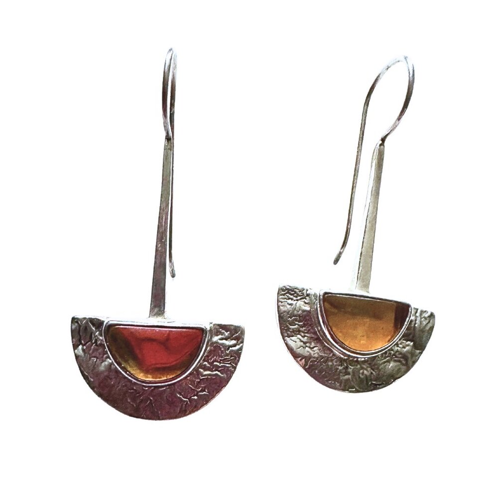 Vibrant Harmony: Semi-Circular Amber and Silver Textured Earrings